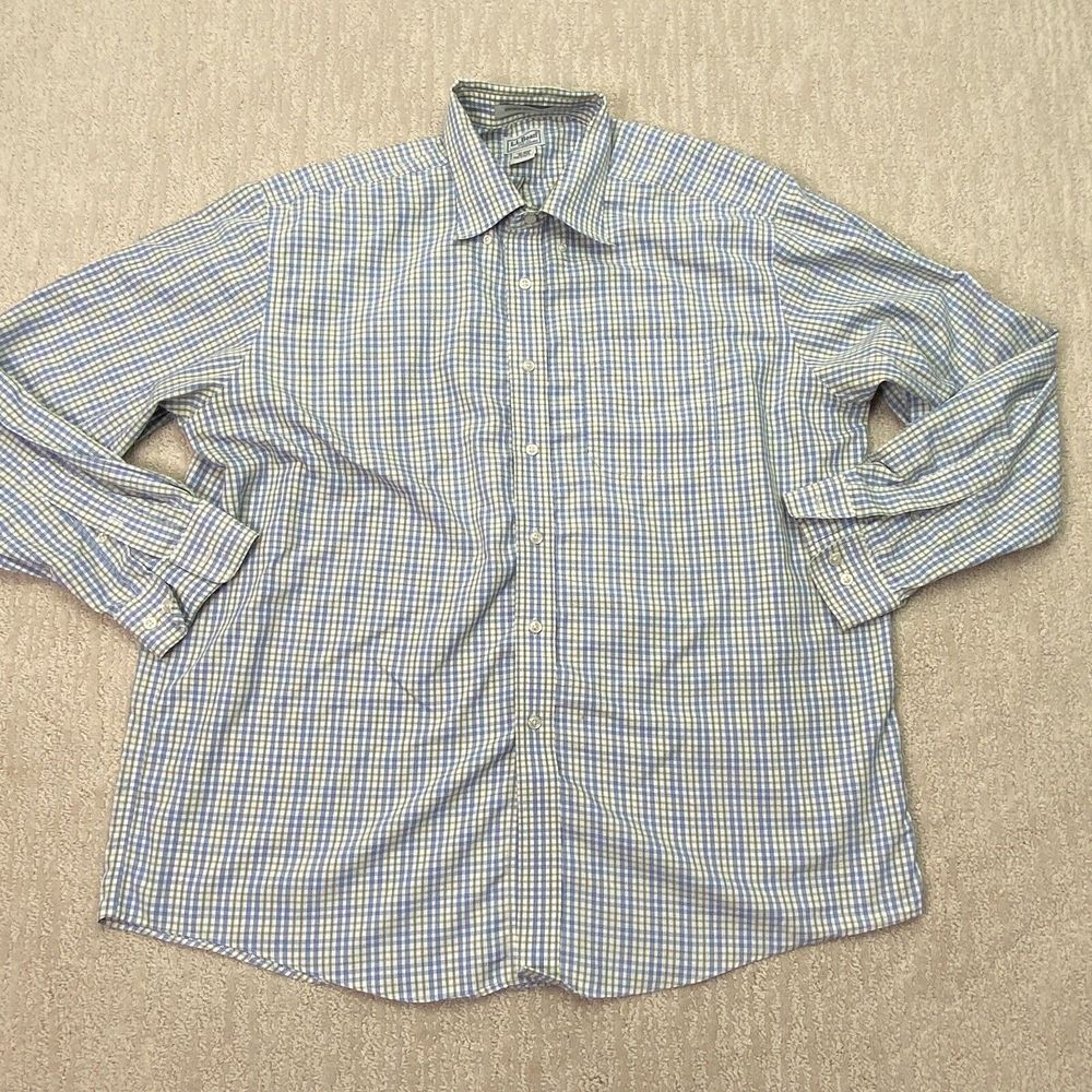 LL Bean Button Down Shirt Adult XLWhite Blue Green Check Long Sleeve
